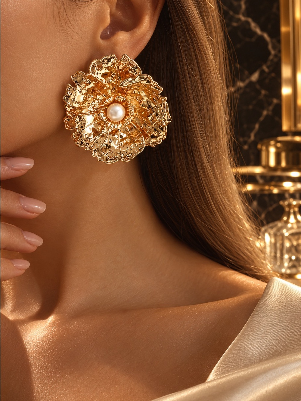 Oversized Gold Tone Pearl Flower Statement Earrings